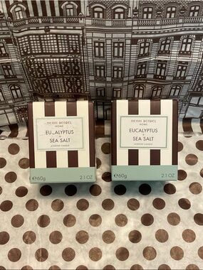 2 Henri Bendel Eucalyptus & Sea Salt Votives in Bendel Striped Glass Containers